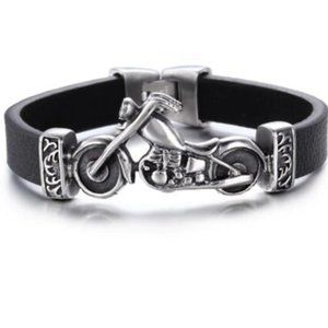 Handmade Skull Motorcycle Sports Black Leather Silver Bracelet Chain Cha…